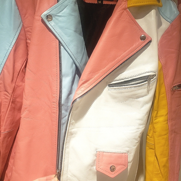 Rainbow pastel color block leather moto jacket. - Picture 8 of 13